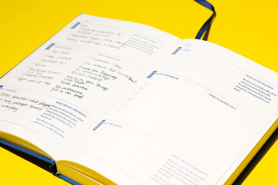 The lesson note page allows musicians and music students to write down what they want to talk to their teachers about, how to work on their materials and key takeaways to focus on in their own practice