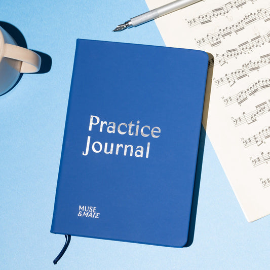 Muse and Mate music practice journal blue hard cover and foil stamped lettering